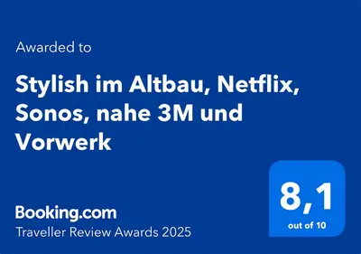 Ein Zertifikat, Auszeichnung, Logo oder anderes Dokument, das in der Unterkunft Stylish im Altbau, Netflix, Sonos, nahe 3M und Vorwerk ausgestellt ist