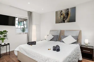 Ein Bett oder Betten in einem Zimmer der Unterkunft MOLA Apartments-Apartment im Herdecker Zentrum für 3 Gäste-Gratis Parkplatz-Highspeed WLAN-auch für Langzeit geeignet