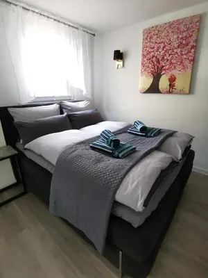 Ein Bett oder Betten in einem Zimmer der Unterkunft Apartment bei der Palme mit Sauna Möglichkeit