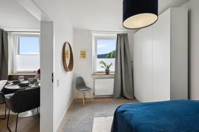 Ein Bett oder Betten in einem Zimmer der Unterkunft Stylisches Apartment, Parkplatz, Nähe DUS & Dortmund & Köln & Essen
