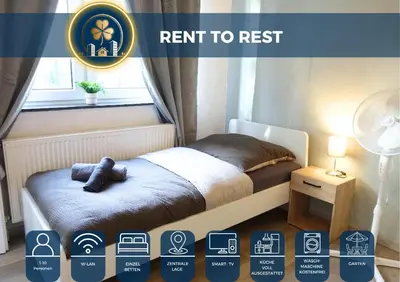 Ein Bett oder Betten in einem Zimmer der Unterkunft RtR Gelsenkirchen - Bis 10 Personen - Einzelzimmer - Voll ausgestattet - Garten - SMART TV - WIFI