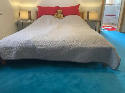 Ein Bett oder Betten in einem Zimmer der Unterkunft Ruhiges ganzes Apartment Self Check-in 45 m zwei Zimmer Groses Bad Badewanne Kochnische
