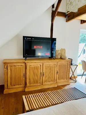 TV/Unterhaltungsangebot in der Unterkunft b e d & a g e d e s i g n -large- wunderschönes Zimmer mit Bad - Rechnungserstellung für Geschäftsreisende & Firmen