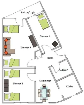 Grundriss der Unterkunft Duisburg von oben 3,5 Zimmer 8.OG frisch saniert