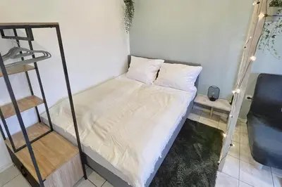 Ein Bett oder Betten in einem Zimmer der Unterkunft Ruhiges Naturparadies für 4 mit Küche Schreibtisch und Boxbett