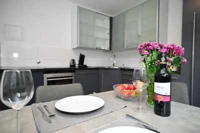 Küche/Küchenzeile in der Unterkunft Ferienwohnung & Aparts am Schloss Park